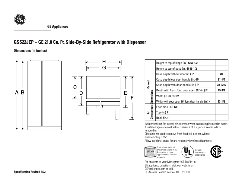 Page n°1 - Fiche technique GE GSS22JEPWW