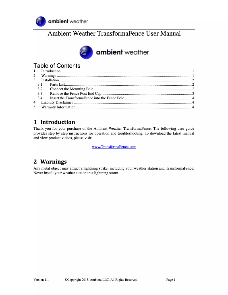 Page n°1 - Manuel utilisateur Ambient Weather TransformaFence