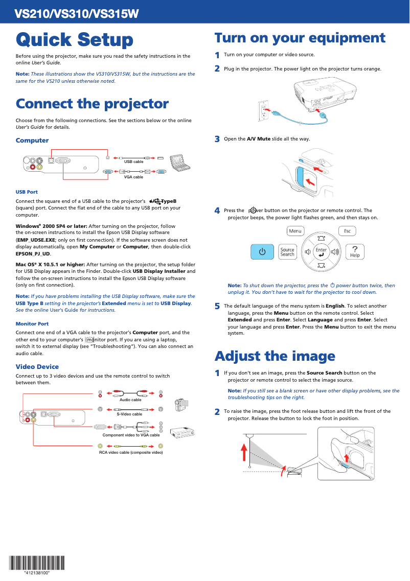 Page 1 de la notice Manuel utilisateur Epson VS310