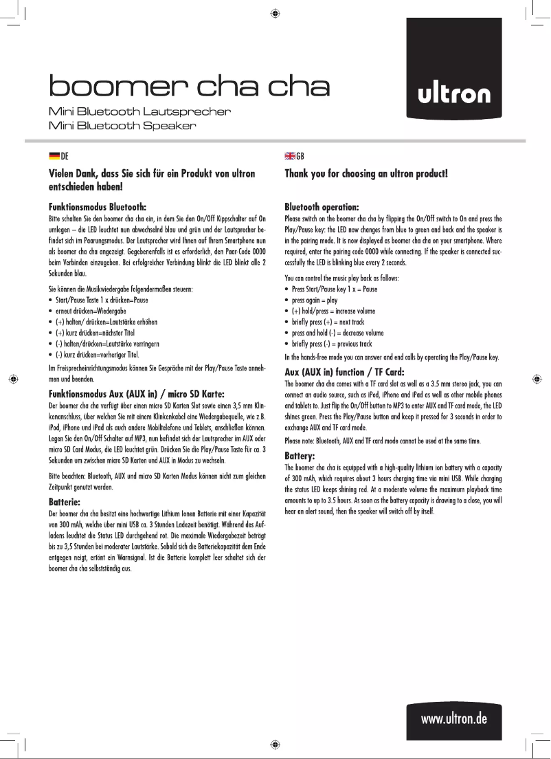 Page 1 de la notice Manuel utilisateur Ultron Boomer cha cha