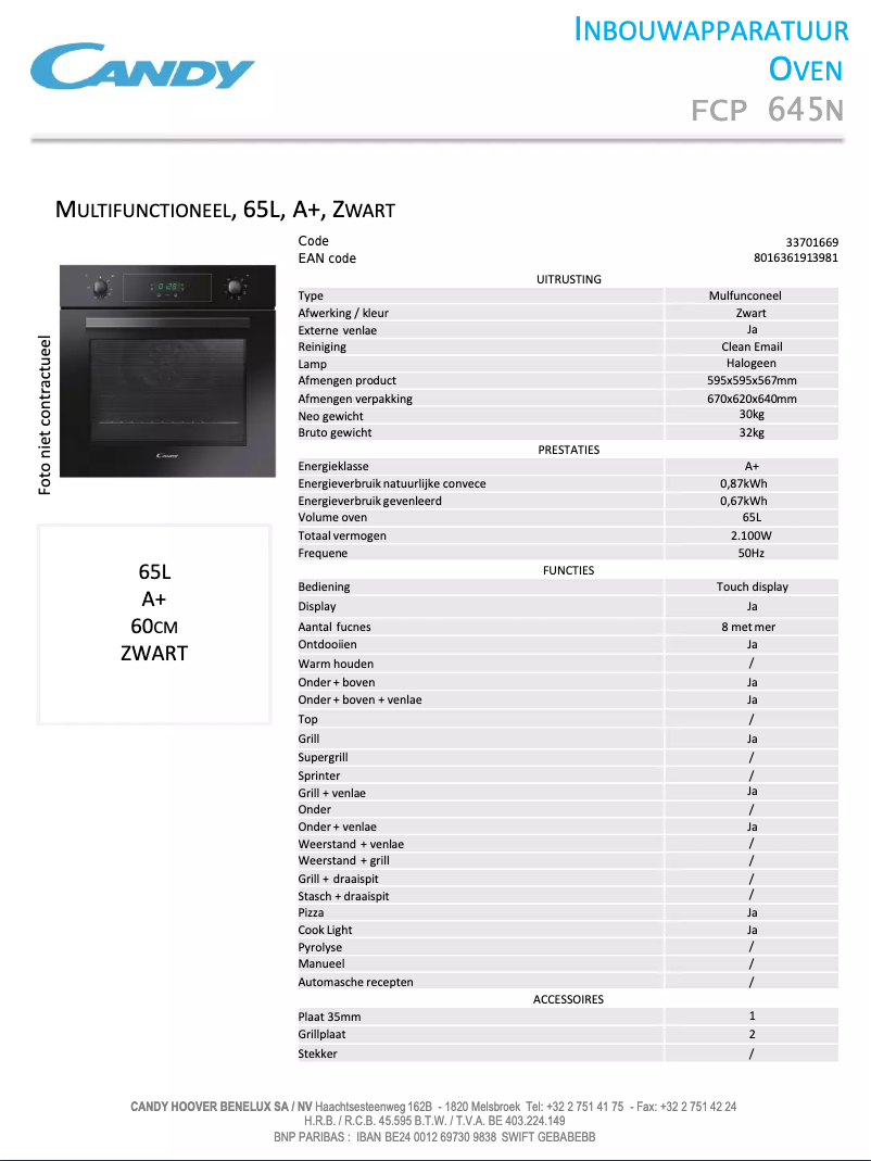 Page n°1 - Fiche technique Candy FCP645N/E