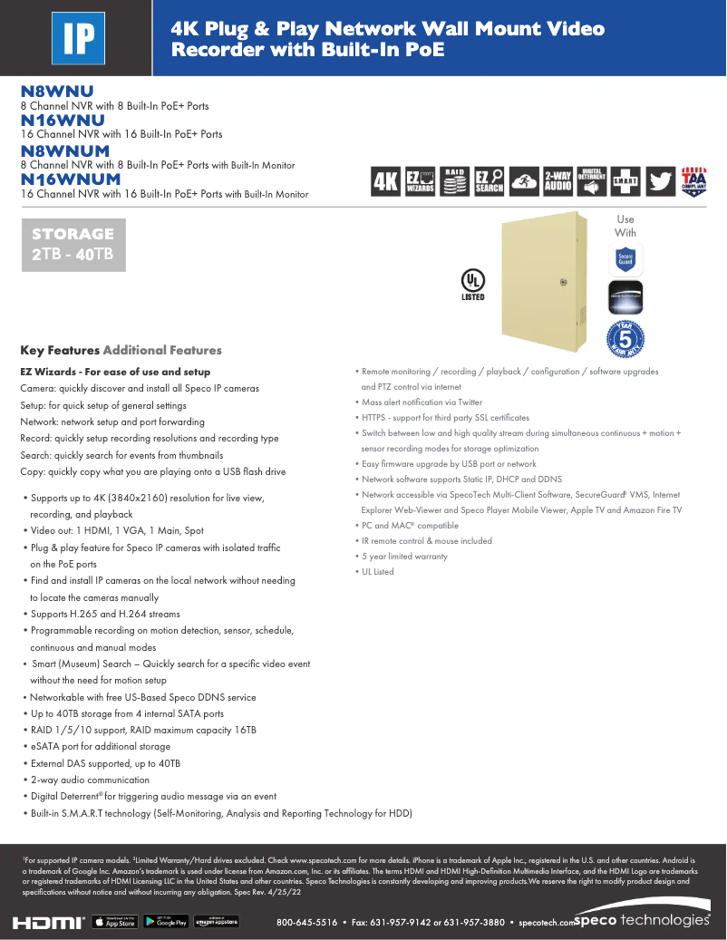 Page 1 de la notice Fiche technique Speco Technologies N8WNUM