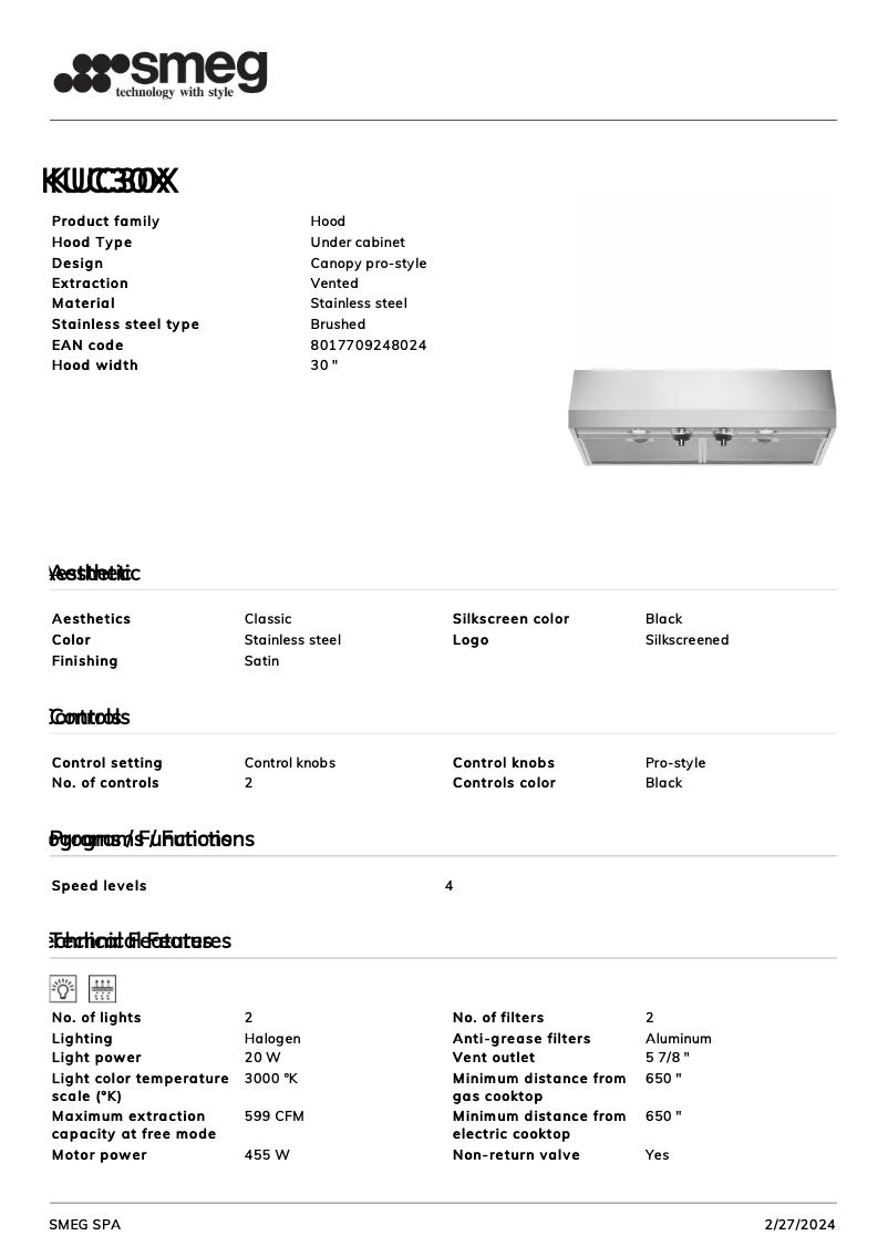 Page 1 de la notice Fiche technique Smeg KUC30X