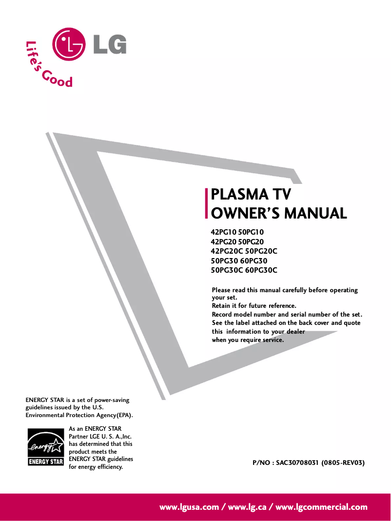 Page 1 de la notice Manuel utilisateur LG 50PG20C