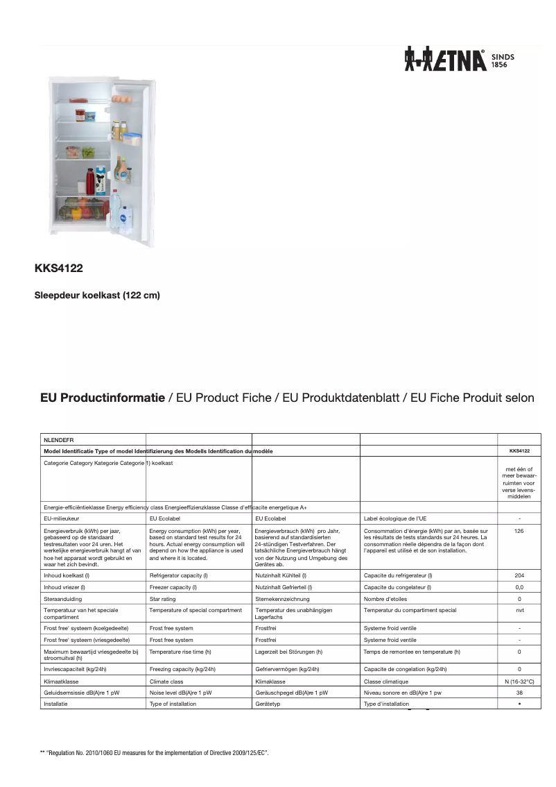 Page 1 de la notice Fiche technique Etna KKS4122