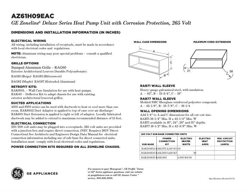 Page n°1 - Fiche technique GE AZ61H09EAC Zoneline