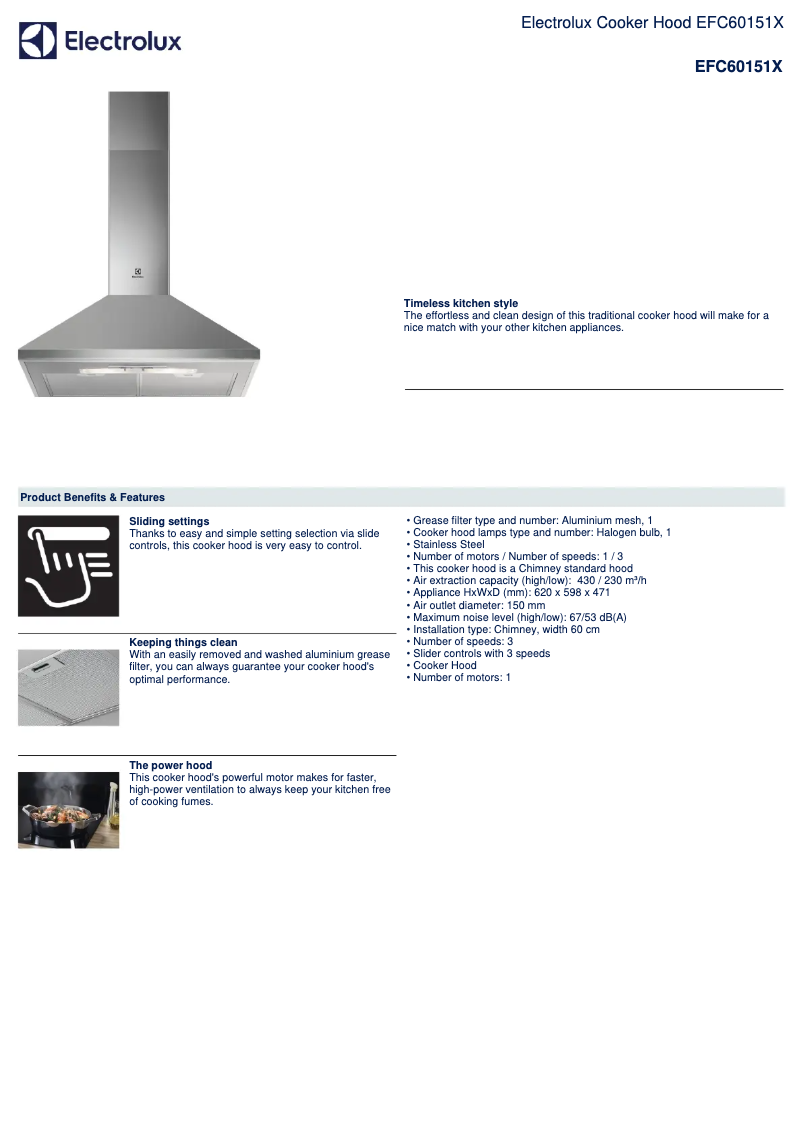 Page 1 de la notice Fiche technique Electrolux EFC60151X