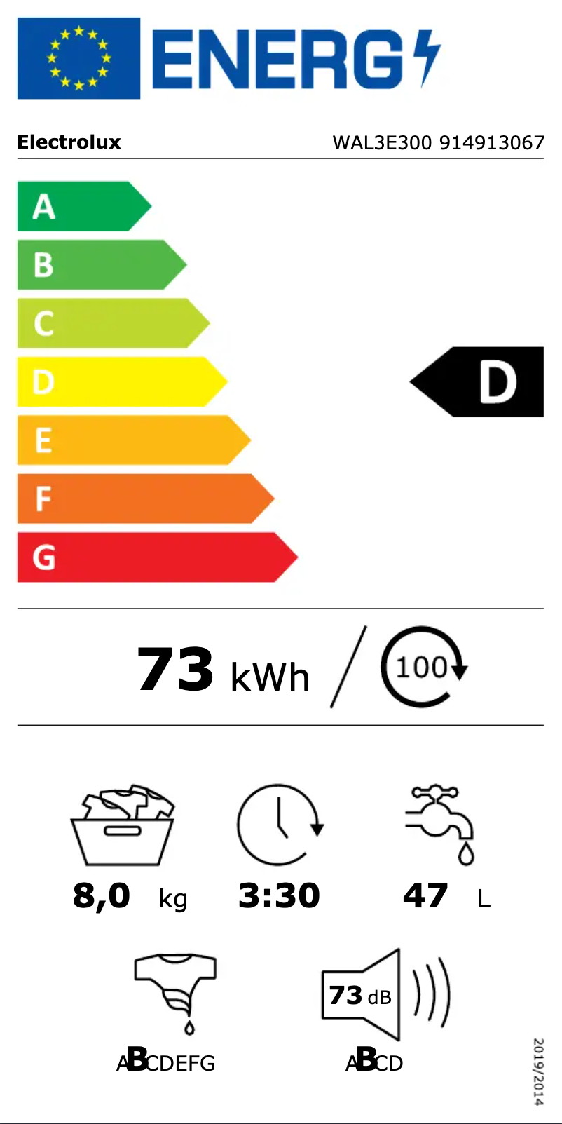 Page 1 de la notice Label énergétique Electrolux WAL3E300