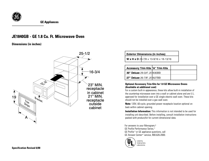 Page n°1 - Fiche technique GE JE1840GB