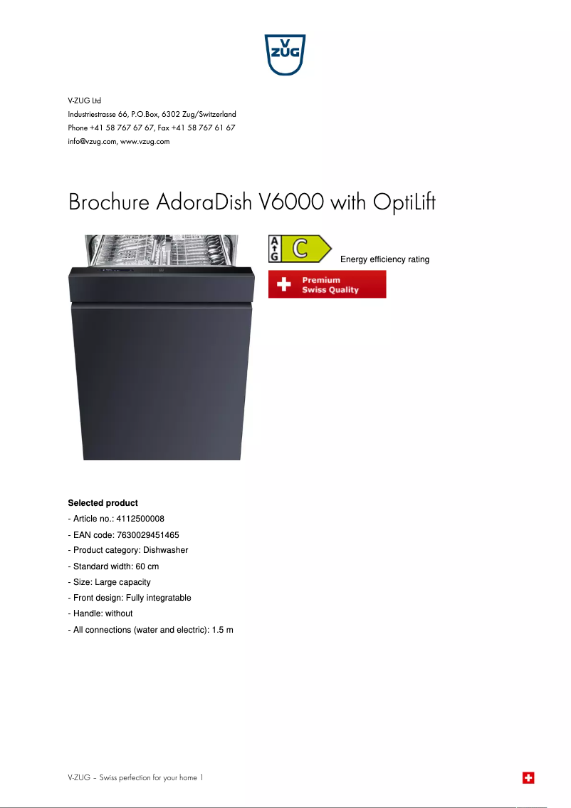 Page 1 de la notice Brochure V-Zug AdoraDish V6000 with OptiLift