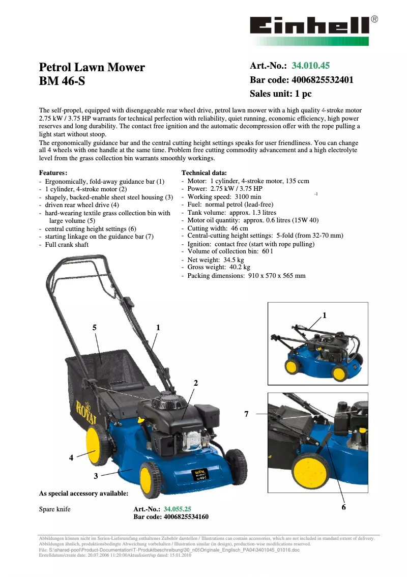 Page 1 de la notice Manuel utilisateur Einhell Royal BM 46-S