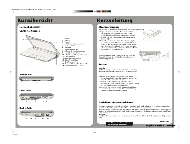 Page 1 de la notice Guide de démarrage rapide Medion AKOYA E1210 (MD 96910)