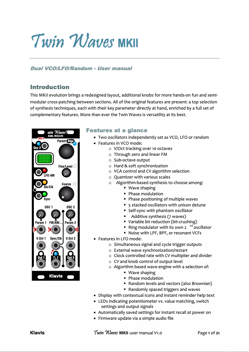 Page n°1 - Manuel utilisateur Klavis Twin Waves