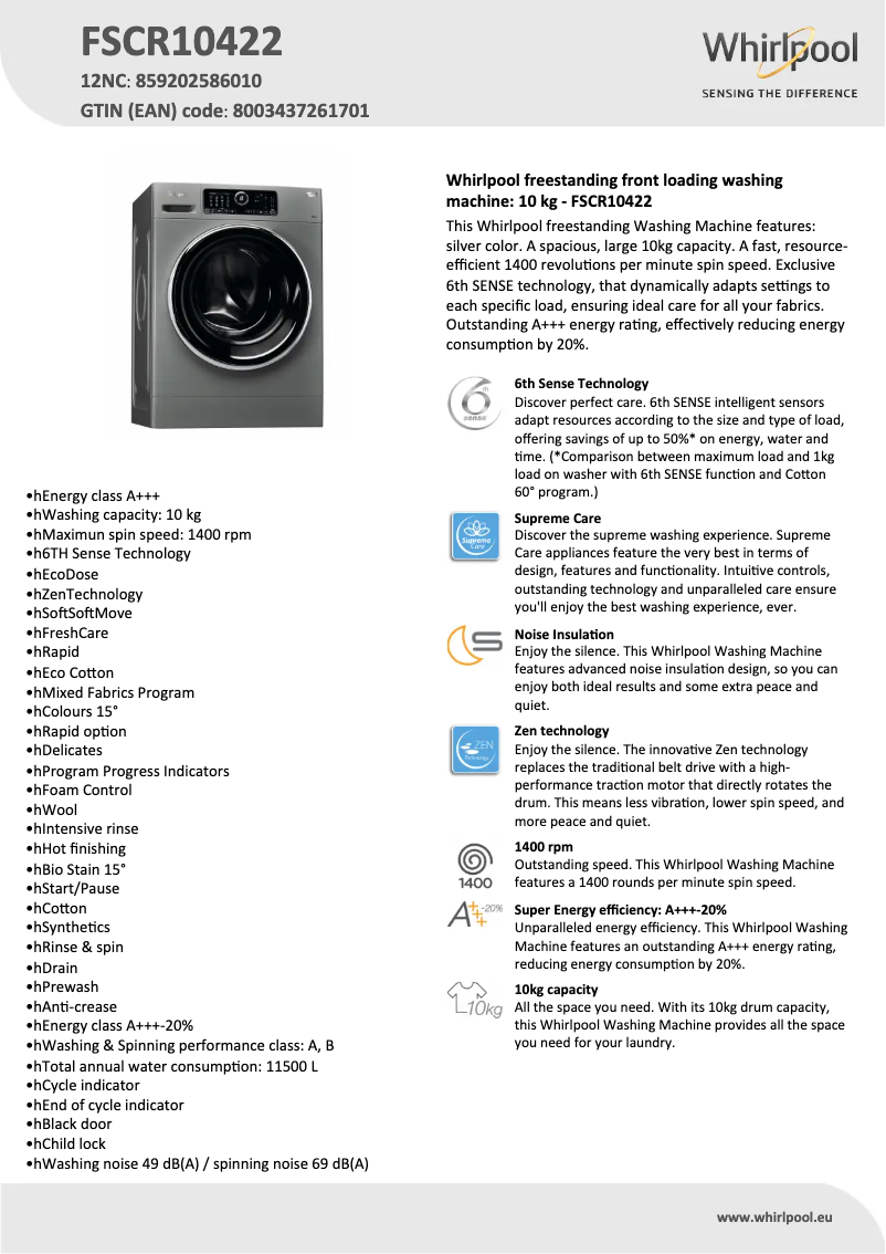 Page 1 de la notice Fiche technique Whirlpool FSCR10422