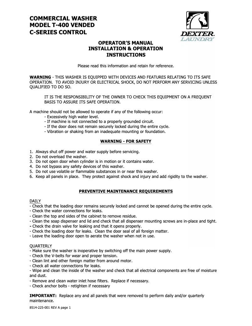 Page 1 de la notice Manuel utilisateur Dexter T-400