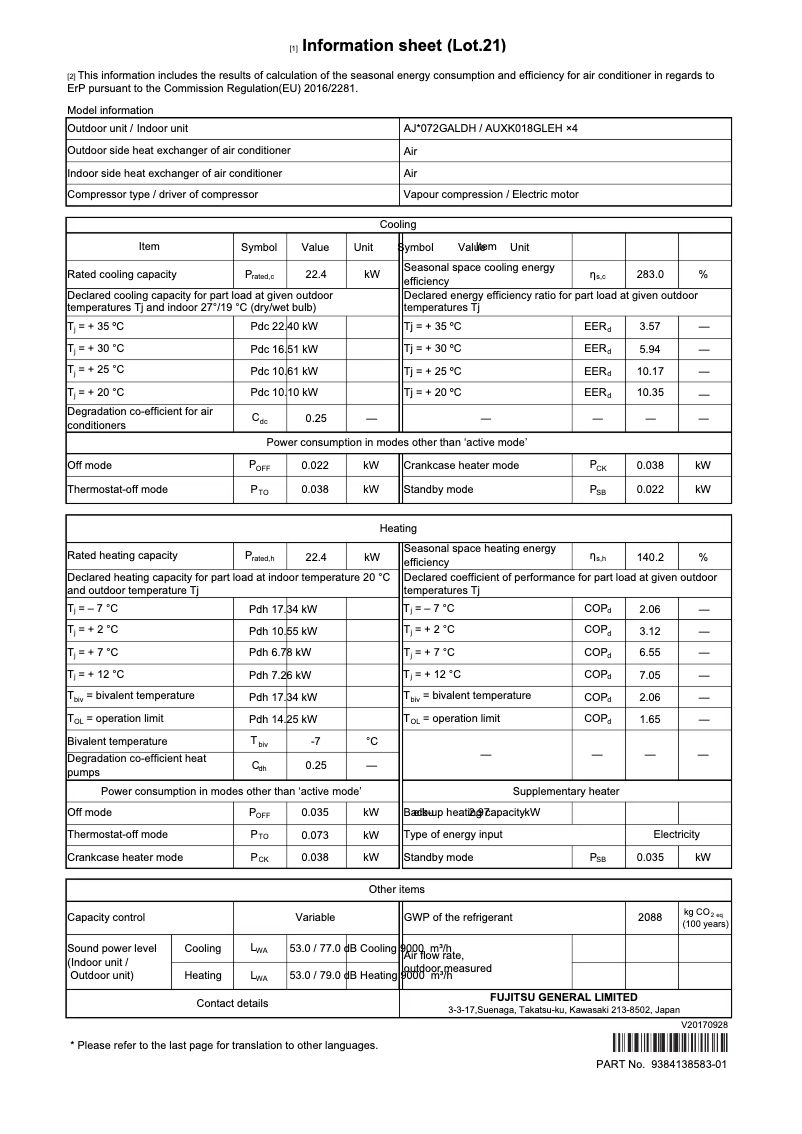 Page 1 de la notice Fiche technique Fujitsu AIRSTAGE AJY072GALDH