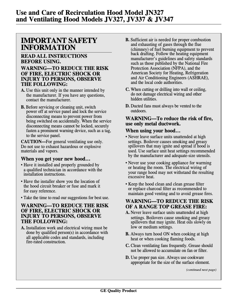 Página 1 del manual Guía de instalación GE JV327XAD