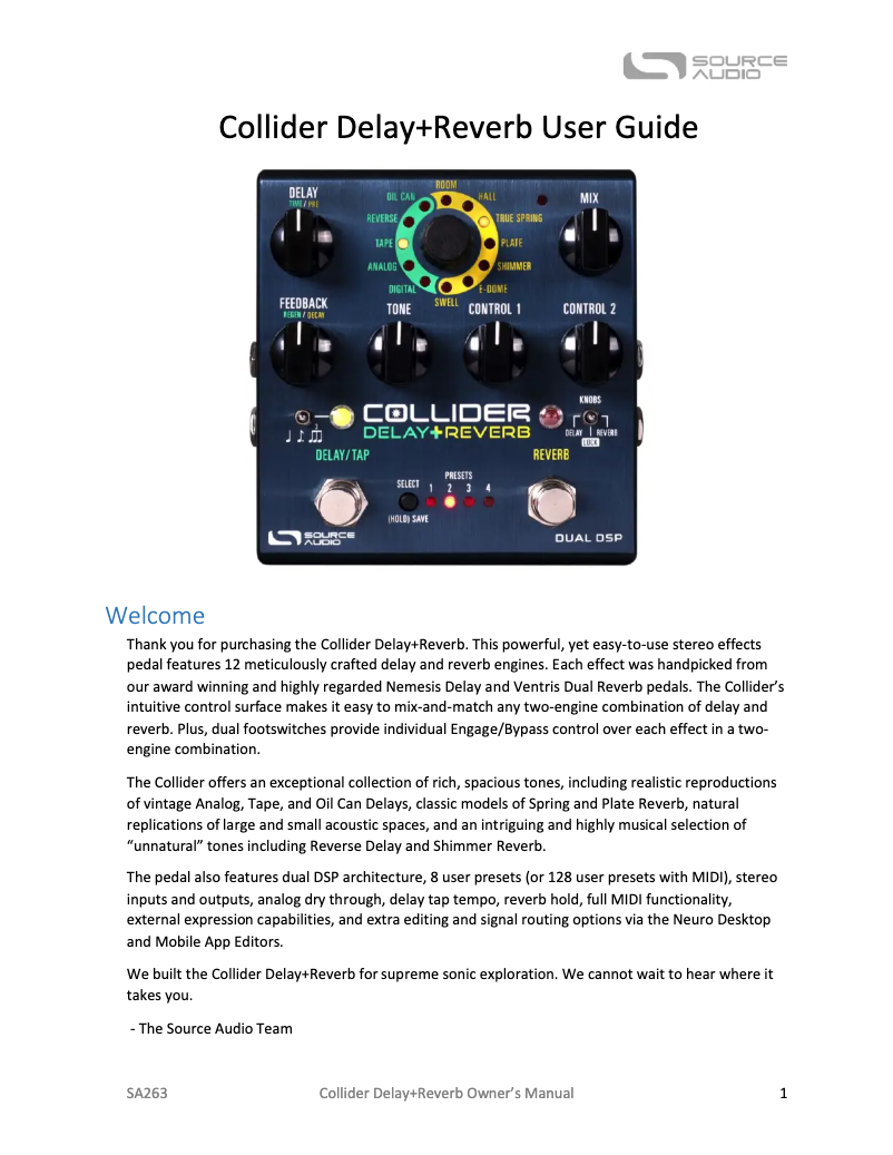 Page n°1 - Manuel utilisateur Source Audio Collider Delay+Reverb