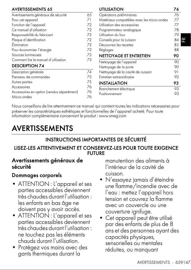 Page 1 de la notice Manuel utilisateur Smeg SO4301M0N