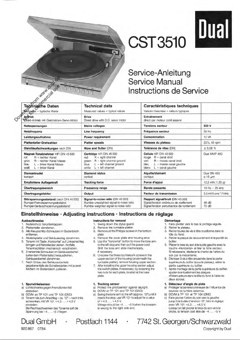 Page n°1 - Manuel utilisateur Dual CST 3510