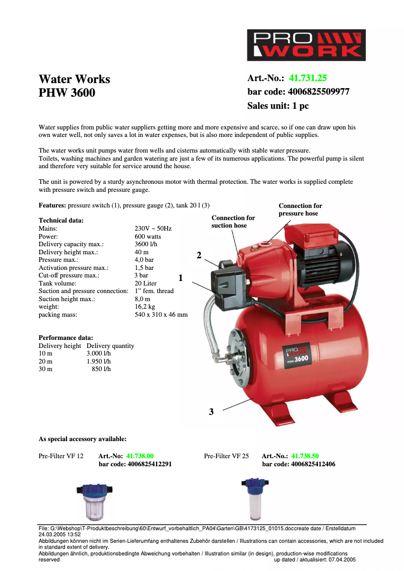 Page n°1 - Fiche technique Prowork PHW 3600