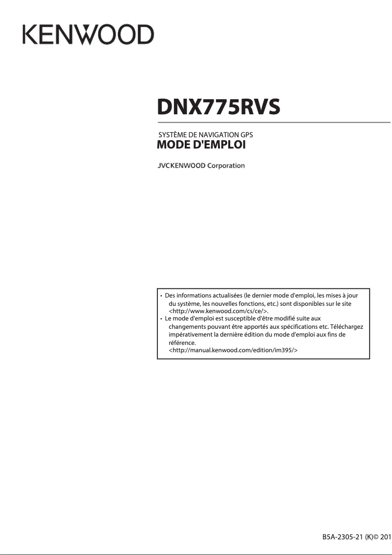 Page 1 de la notice Manuel utilisateur Kenwood DNX775RVS