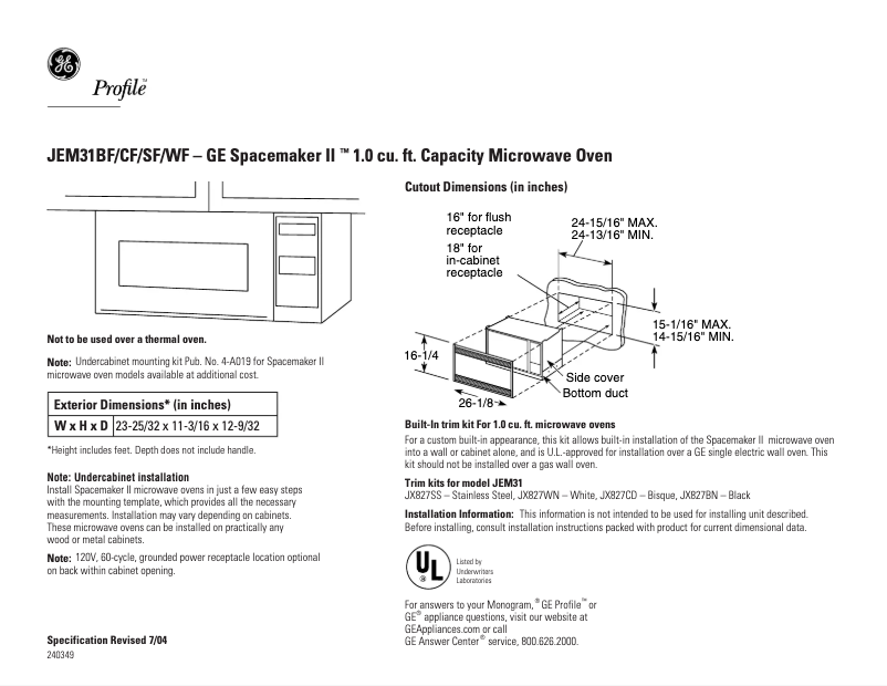 Page 1 de la notice Fiche technique GE JEM31WF