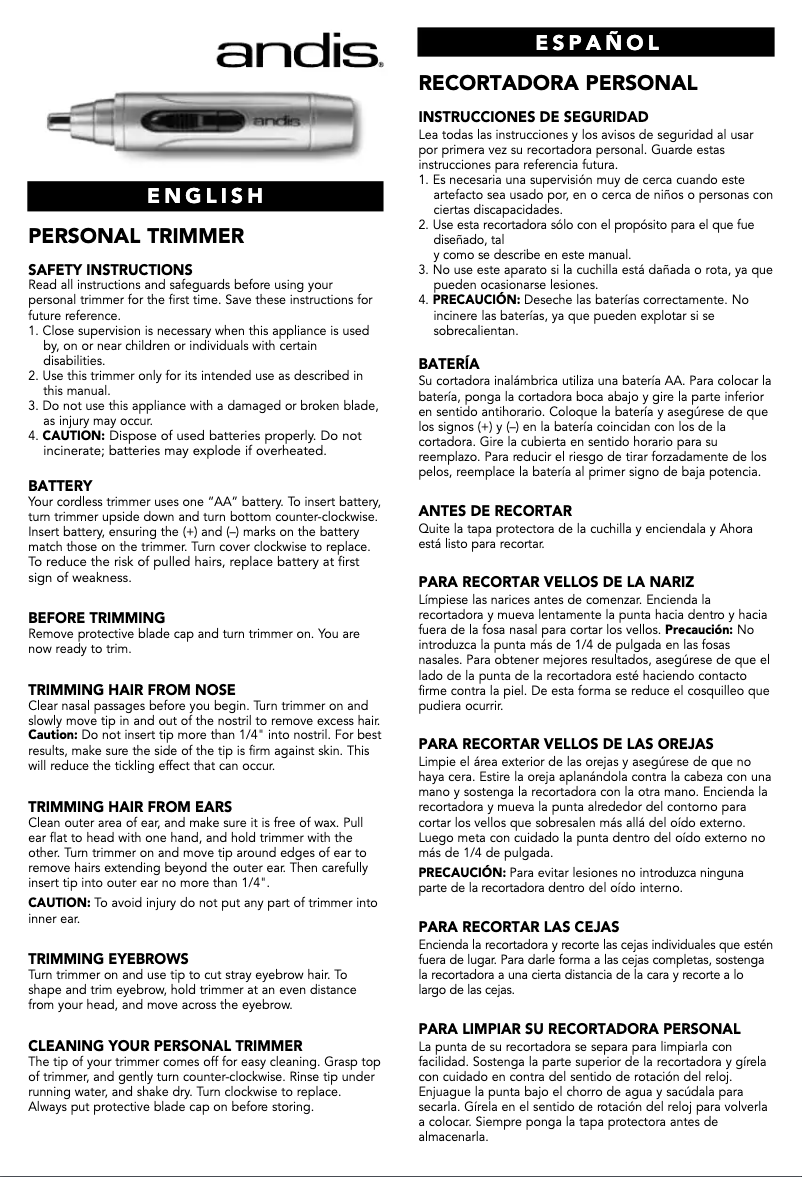 Page 1 de la notice Manuel utilisateur Andis FastTrim NT-2
