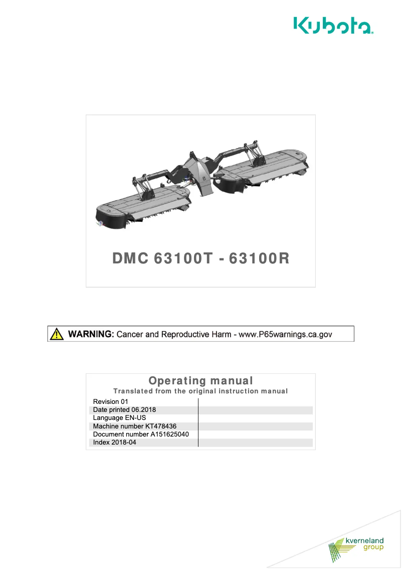 Page 1 de la notice Manuel utilisateur Kubota DMC 63100T