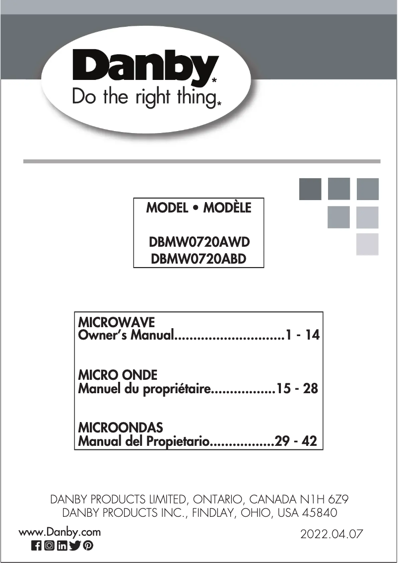 Page 1 de la notice Manuel utilisateur Danby DBMW0720AWD