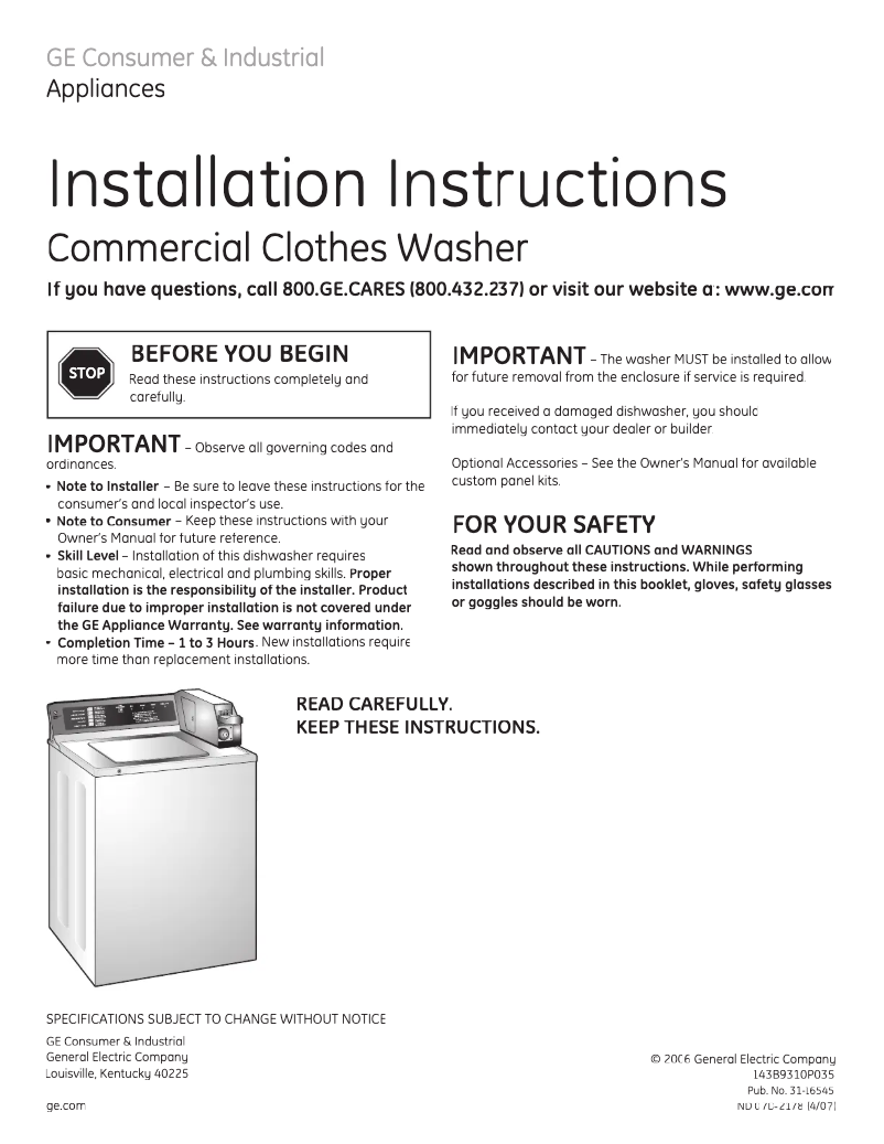 Page 1 de la notice Guide d'installation GE WNRD2050GWC