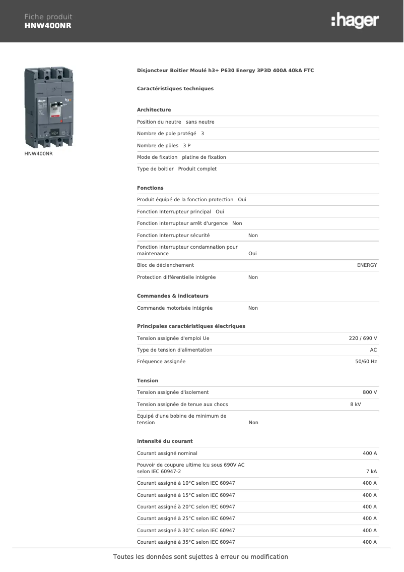Page n°1 - Fiche technique Hager HNW400NR