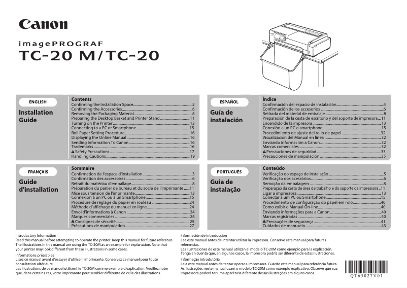 Page 1 de la notice Guide d'installation Canon imagePROGRAF TC-20