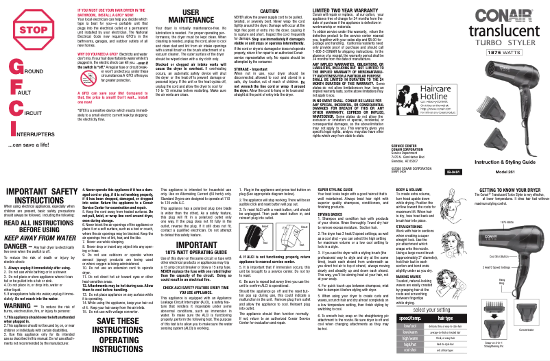 Page 1 de la notice Manuel utilisateur Conair 261RN