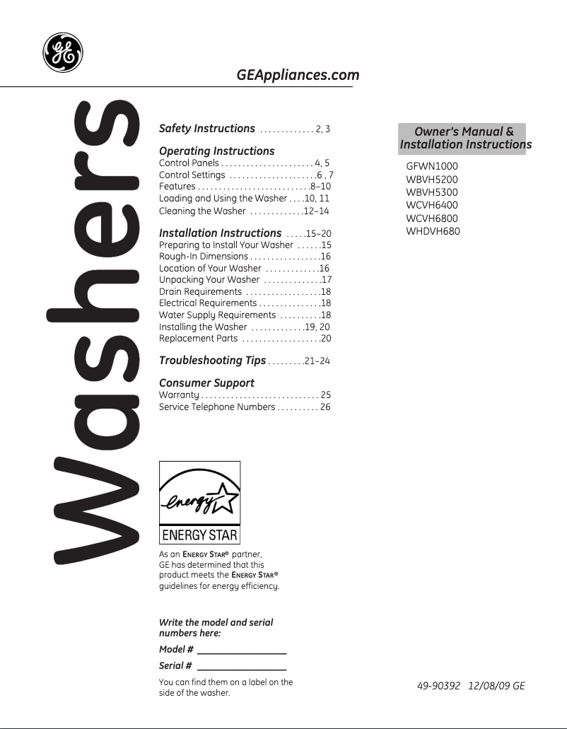 Page 1 de la notice Manuel utilisateur GE GFWN1100LWW