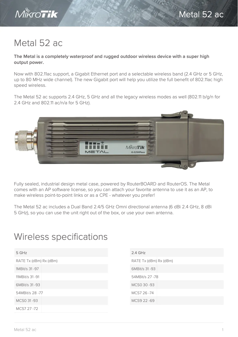 Page 1 de la notice Brochure Mikrotik Metal 52 ac