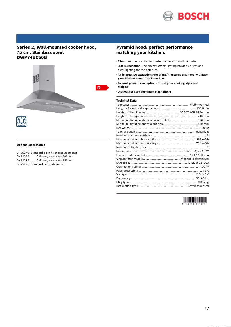 Page 1 de la notice Fiche technique Bosch Serie 2 DWP74BC50B