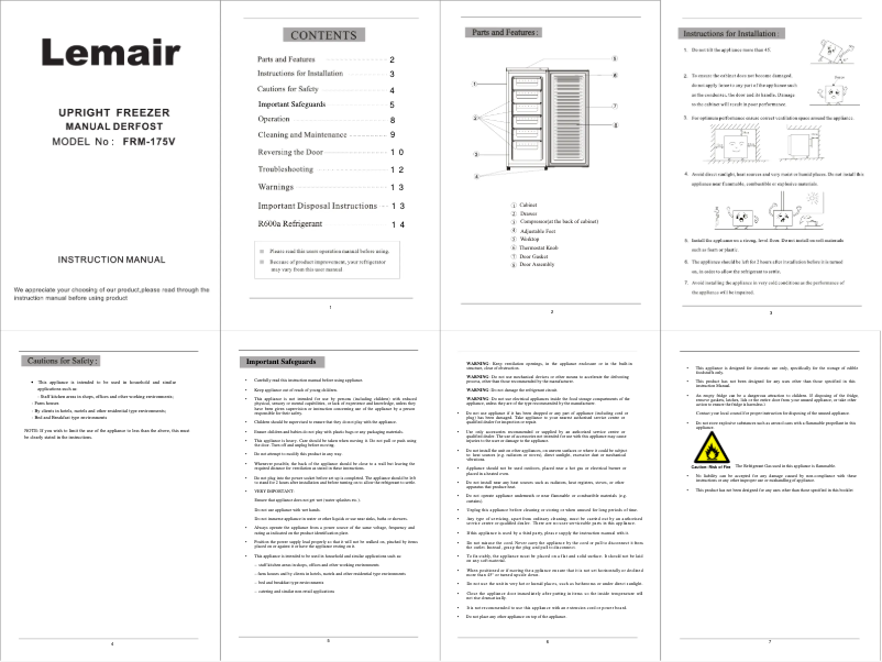 Page n°1 - Manuel utilisateur Lemair FRM-175V