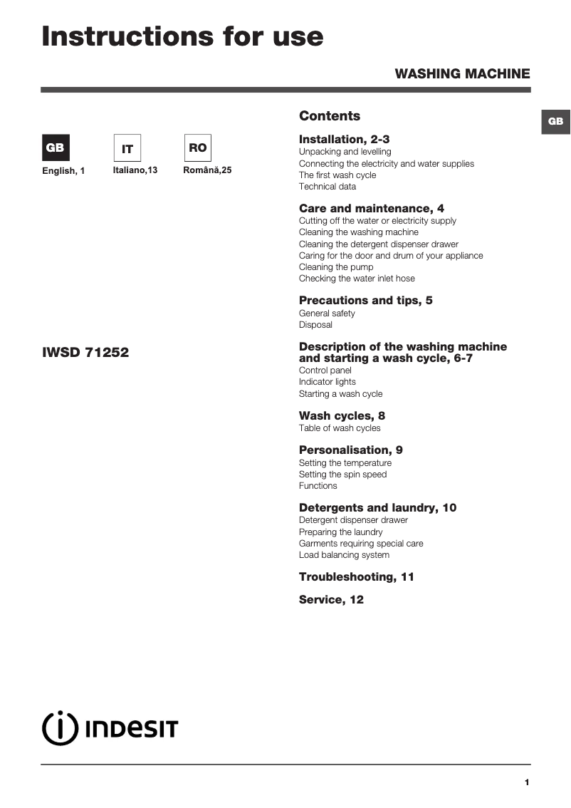 Page n°1 - Manuel utilisateur Indesit IWSD 71252