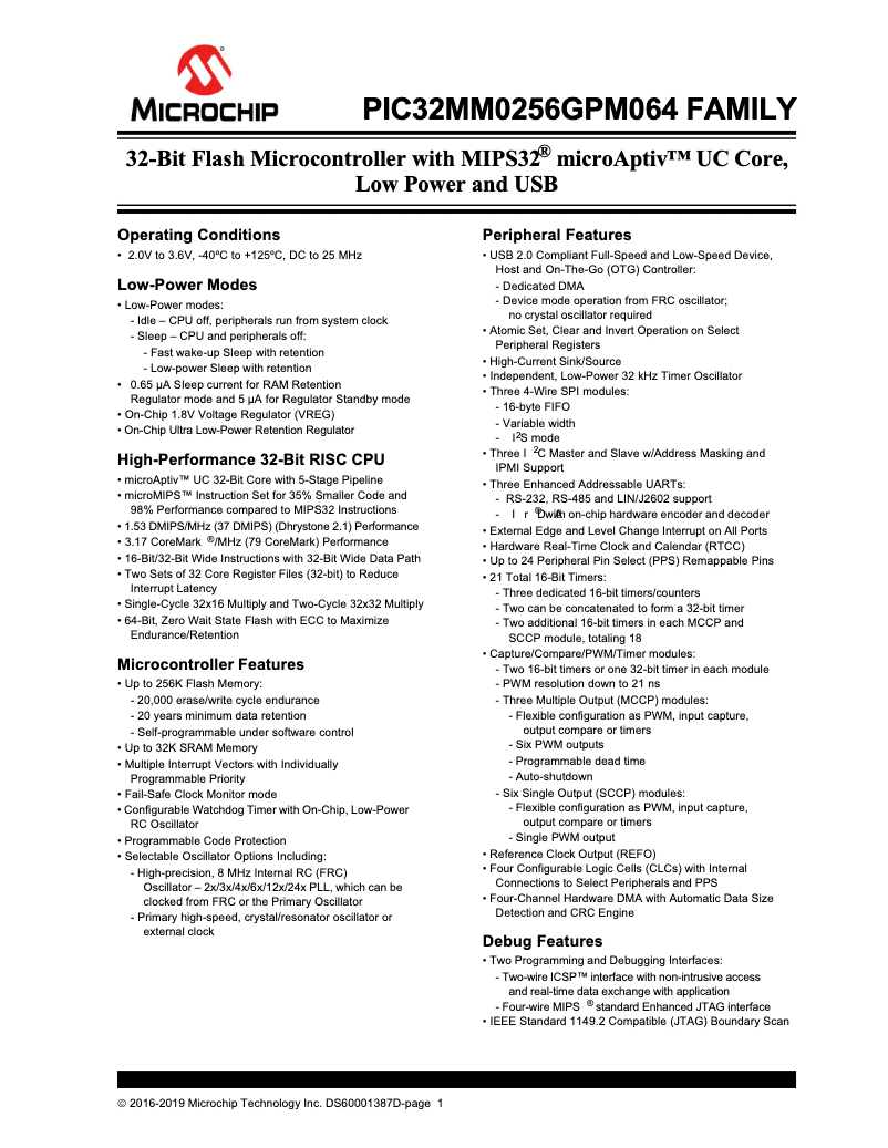 Page 1 de la notice Fiche technique Microchip PIC32MM0128GPM036