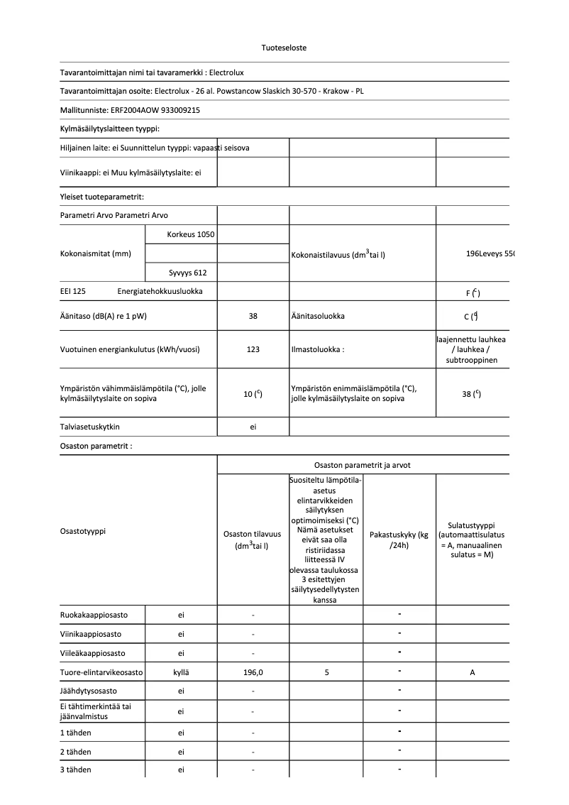 Page 1 de la notice Fiche technique Electrolux ERF2004AOW