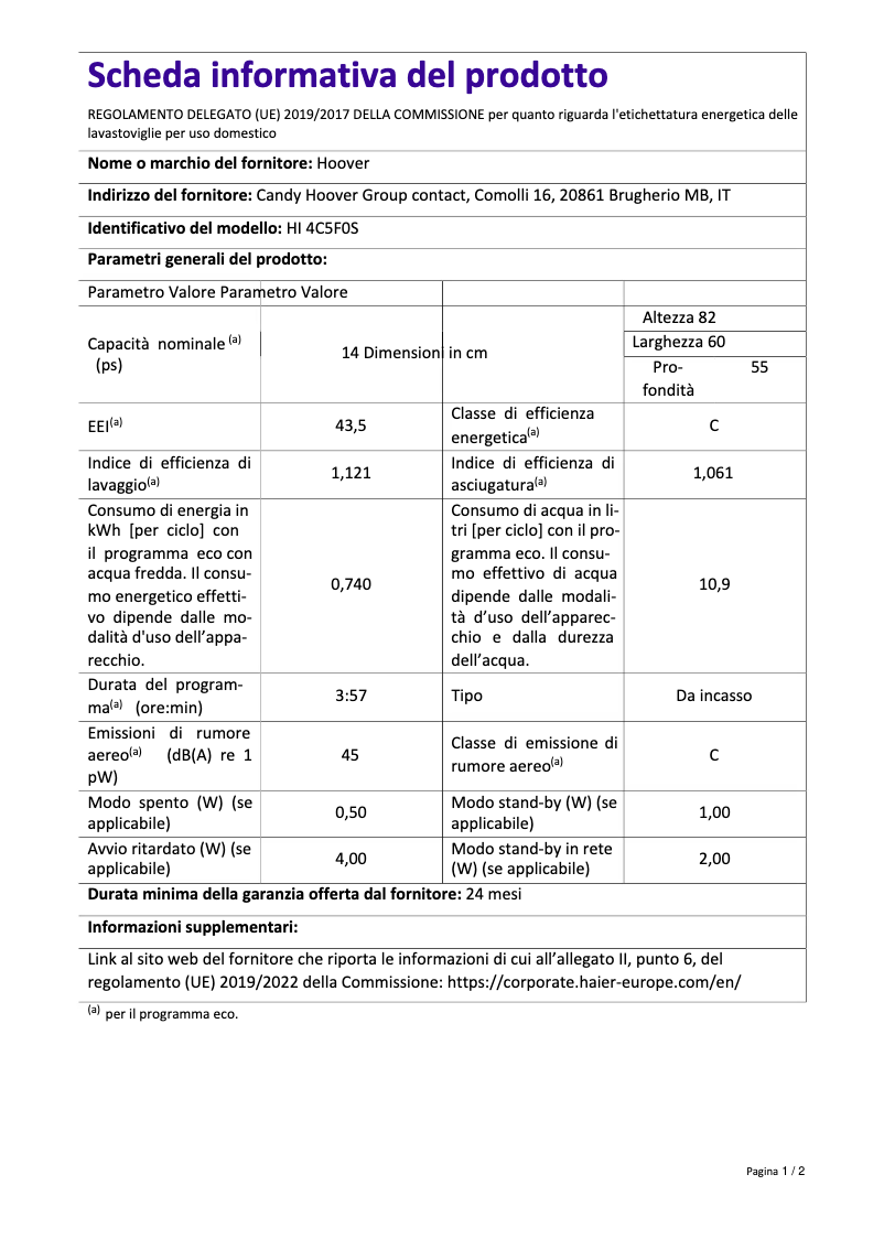 Page n°1 - Fiche technique Hoover HI 4C5F0S