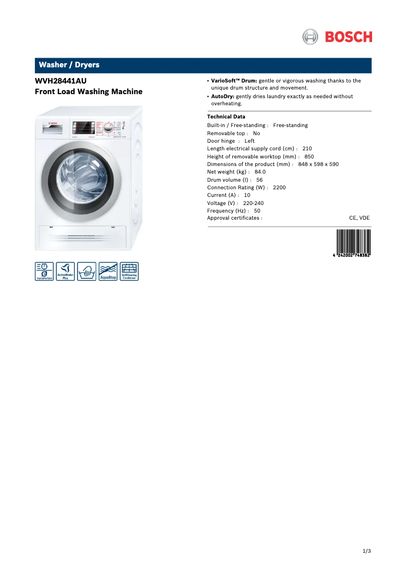 Page n°1 - Fiche technique Bosch Avantixx 7 WVH28441