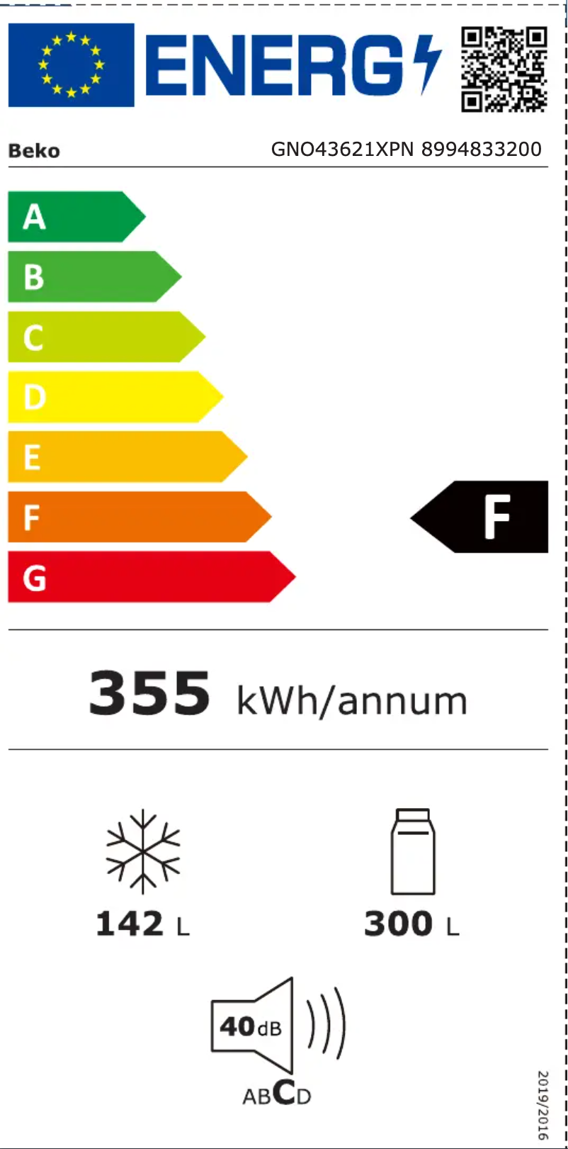 Page 1 de la notice Label énergétique Beko GNO43621XPN