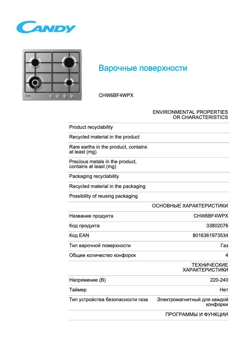 Page 1 de la notice Fiche technique Candy CHW6BF4WPX