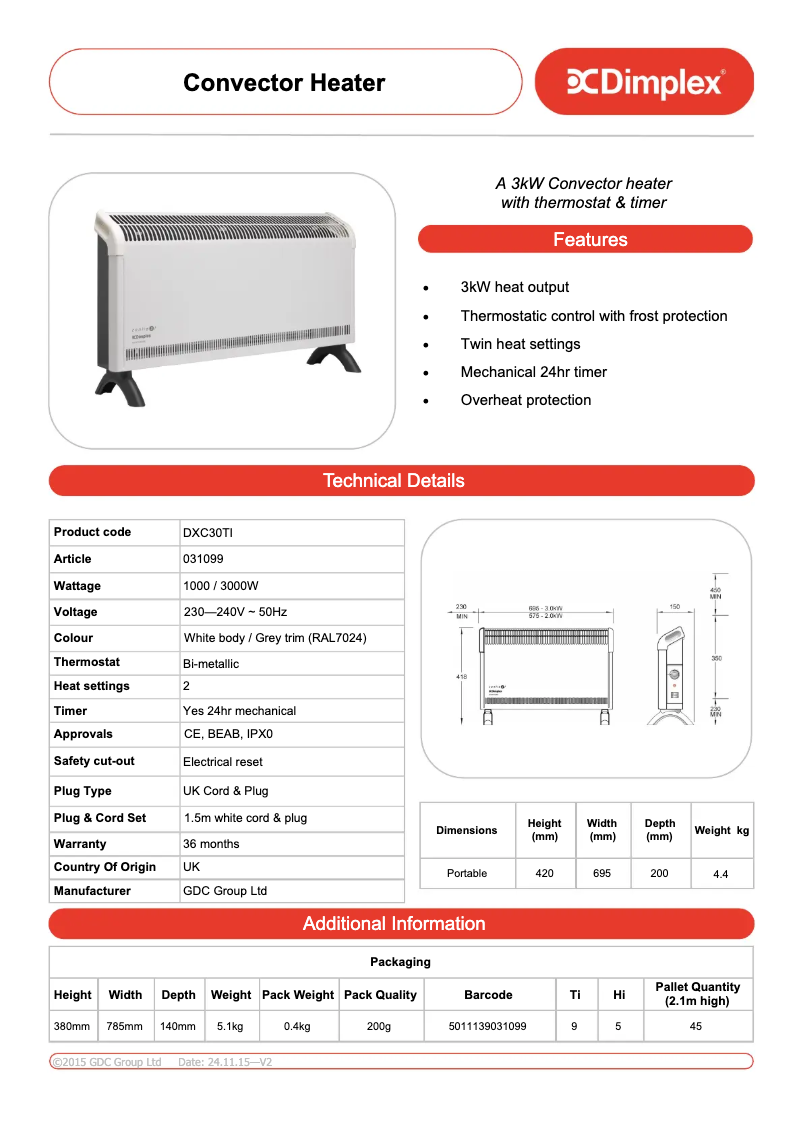Page 1 de la notice Fiche technique Dimplex DXC30Ti