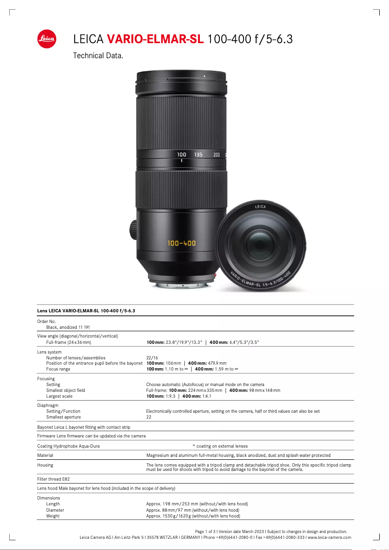Page 1 de la notice Manuel utilisateur Leica VARIO-ELMAR-SL 100-400 f/5-6.3