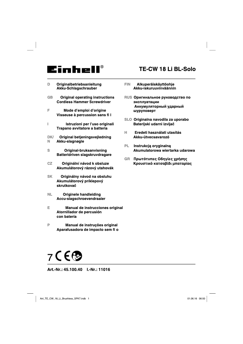 Page n°1 - Manuel utilisateur Einhell TE-CW 18Li