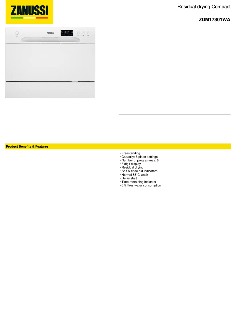 Page 1 de la notice Fiche technique Zanussi ZDM17301WA