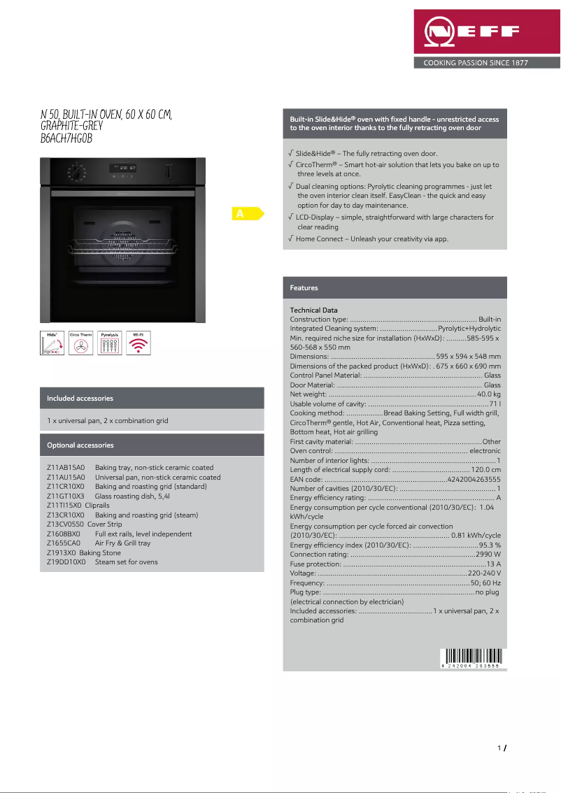 Page 1 de la notice Fiche technique Neff B6ACH7HG0B